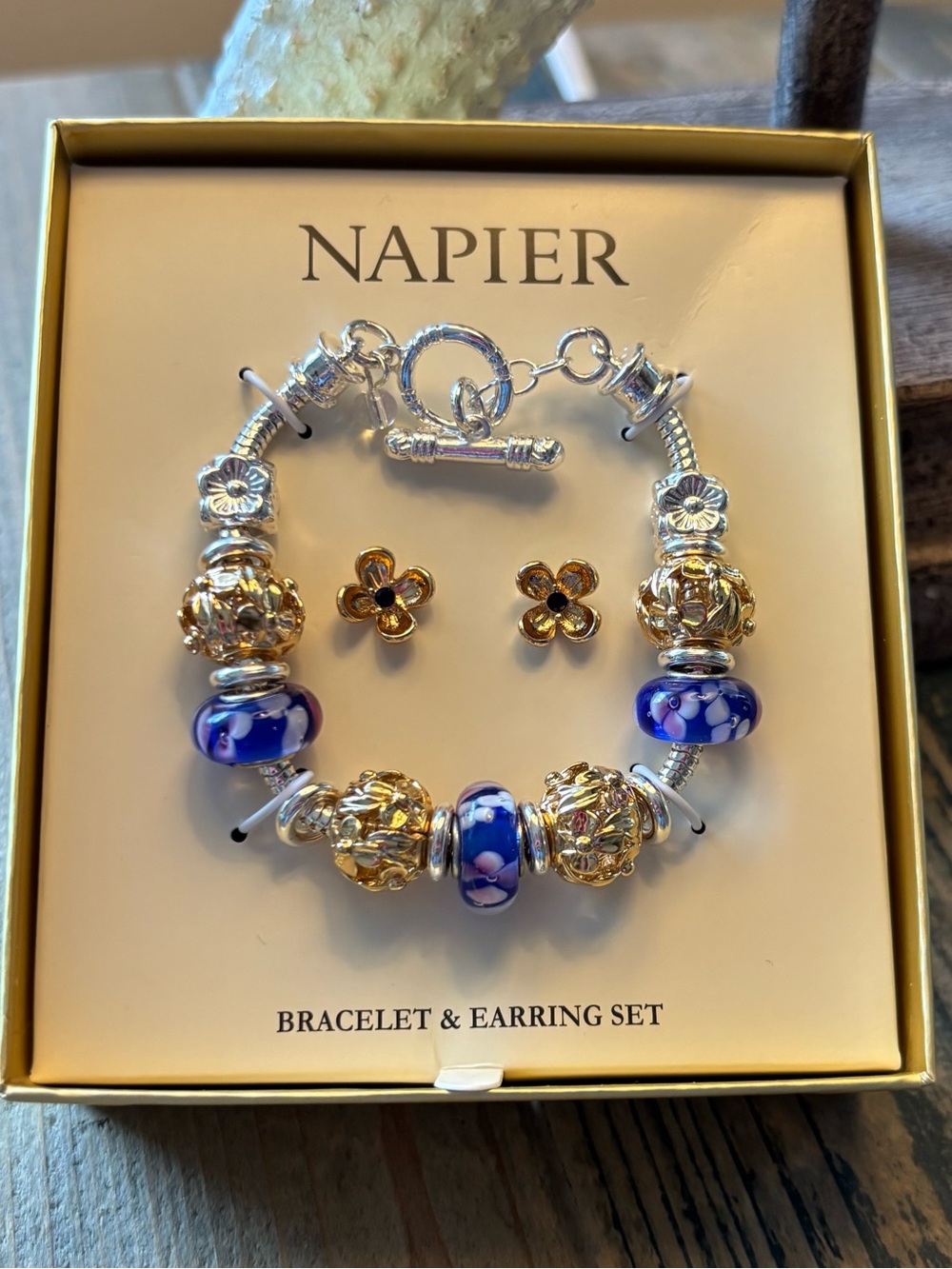 Napier Two-Tone Flowers Charm Bracelet and Earrings Set - Picture 5 of 5